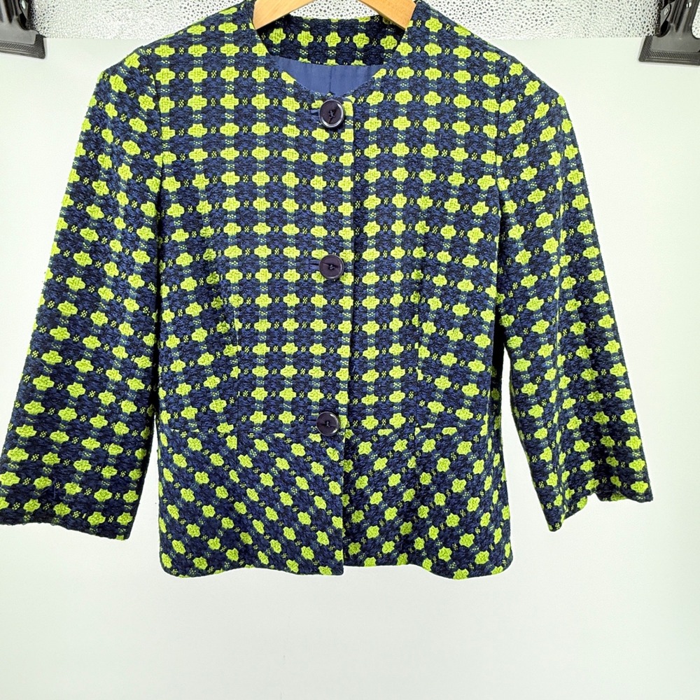 beautiful Austin‎ Reed Navy Blue & Lime Green Woven Silk Blend Peplum Jacket Sz8